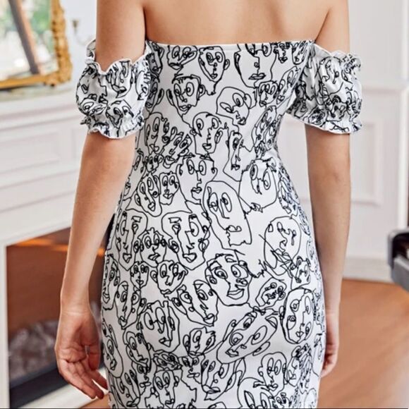 NWOT Shein Figure Graphic Off Shoulder Drawstring Ruched Front Bodycon Dress - Picture 3 of 4